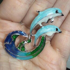 Dolphin Brooch Ocean Wave Nautical Enamel Pin Pendant 2.25”